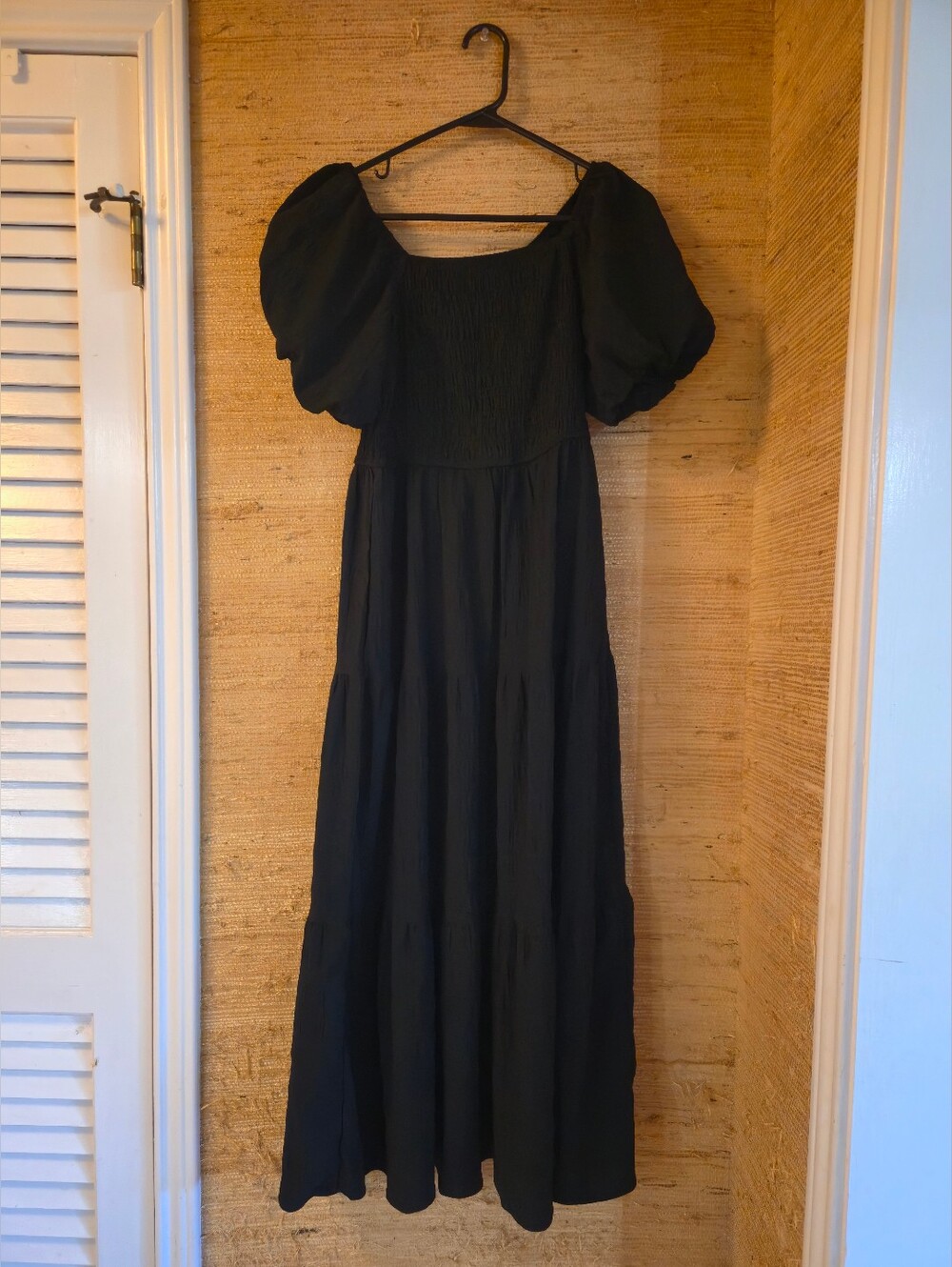 Smocked Puff Sleeve Black Maxi Dress - Women